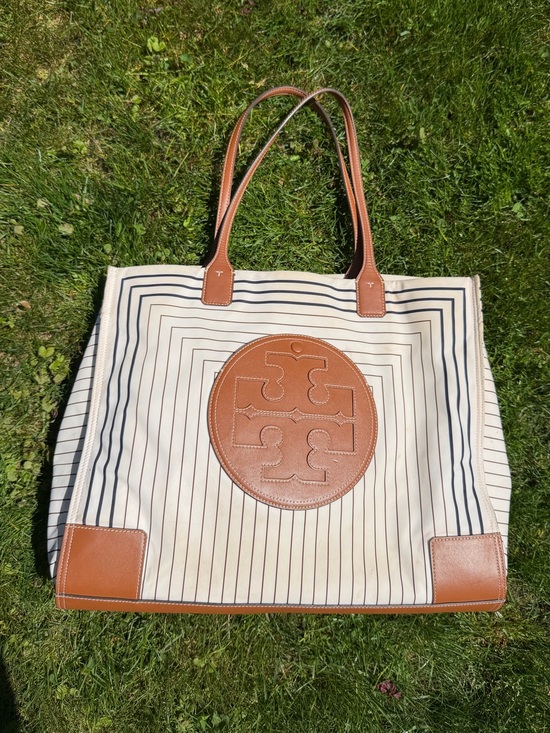Tory Burch Handbags - Tory Burch Cream Stripe Ella Print Tote with Tan Leather Trim - Large